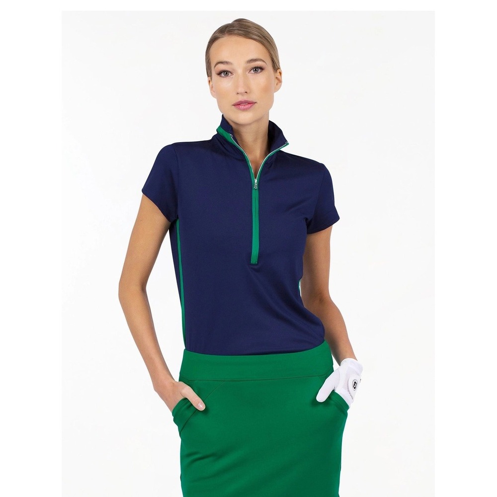 Inphorm NYC Athletic Top Women Size XS Navy‎ Blue Green Quarter Zip Golf Polo